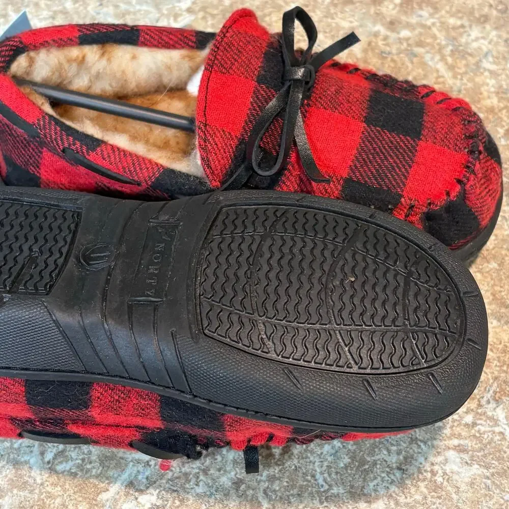 Norty Red & Black Moccasin Slip on Fleece Buffalo Check Slippers Size 11 Boy new